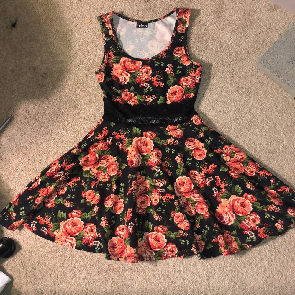Pink Floral A-Line Dress W/ See Through Midriff